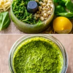 Fresh basil pesto in a bowl with ingredients like basil, garlic, and pine nuts.