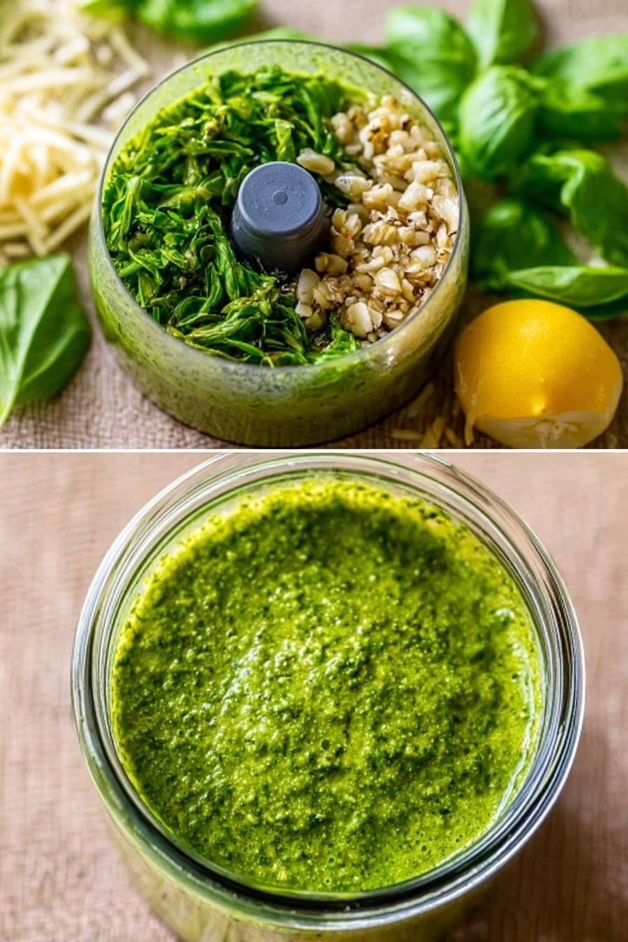 Fresh basil pesto in a bowl with ingredients like basil, garlic, and pine nuts.