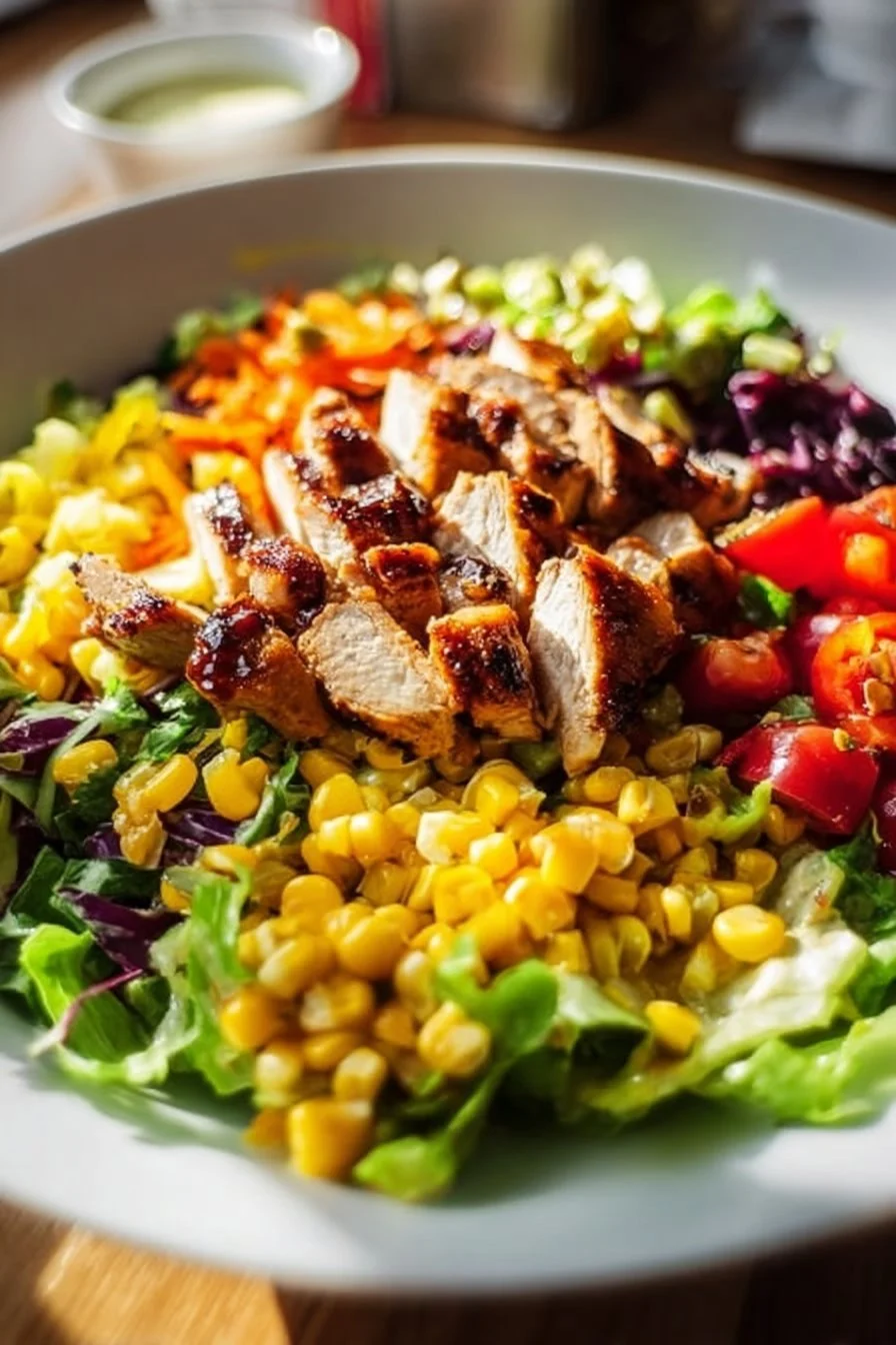 BBQ chicken chopped salad with fresh vegetables and tangy dressing