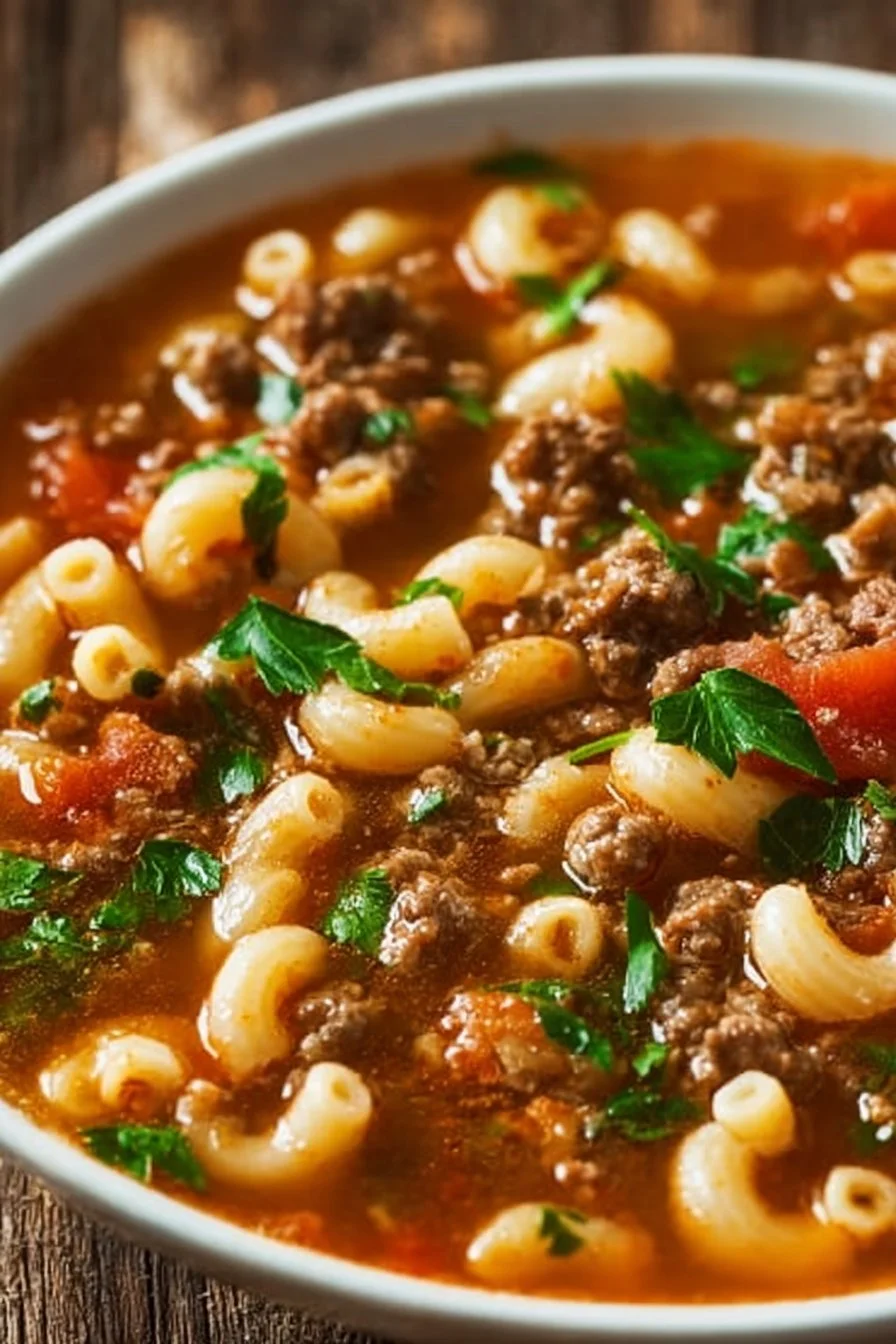 A bowl of delicious Beef Macaroni Soup with pasta and beef chunks