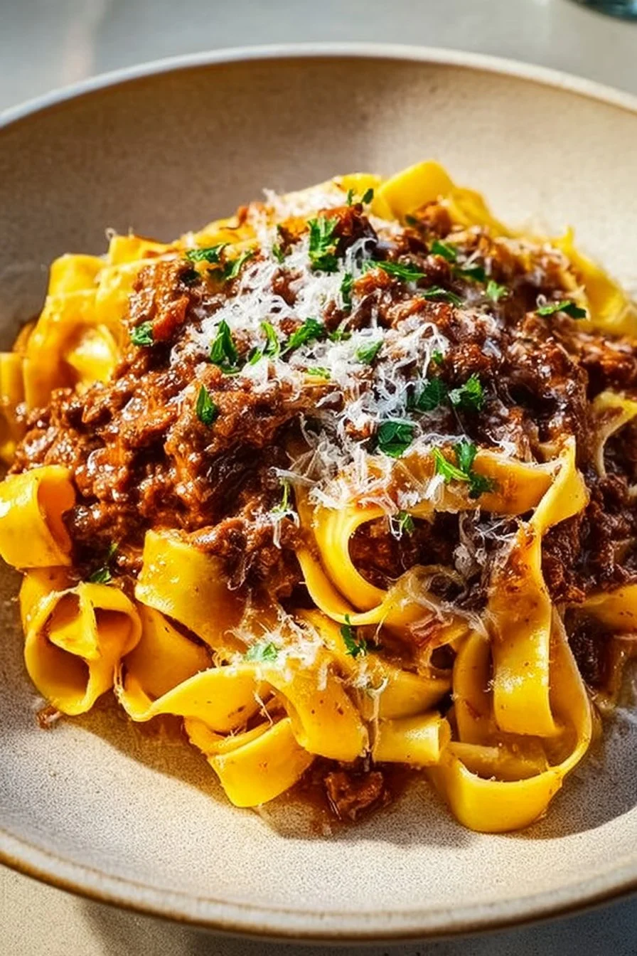 Plate of Beef Ragu served over Tagliatelle pasta with garnishes