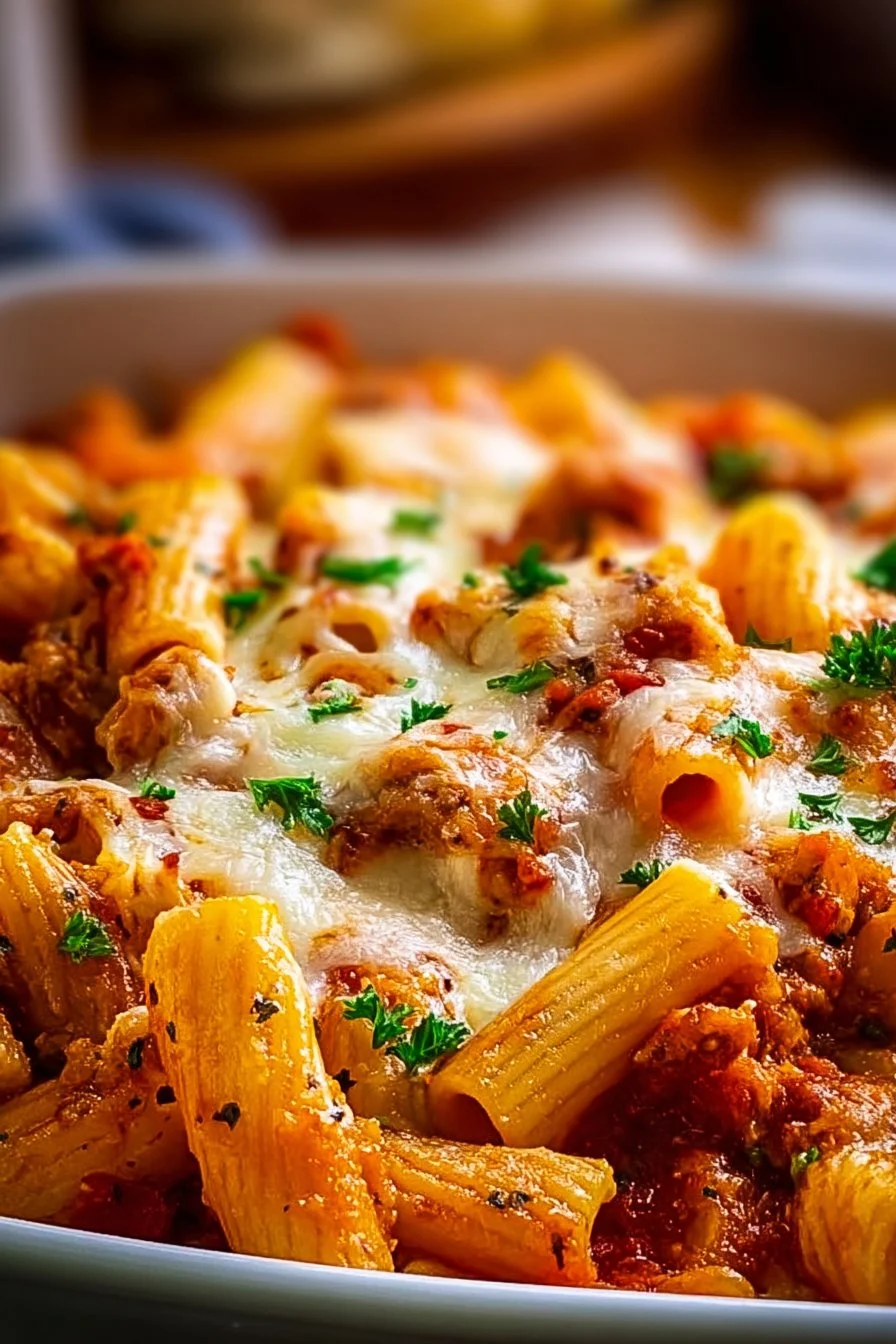 Delicious baked ziti with layers of pasta, cheese, and tomato sauce