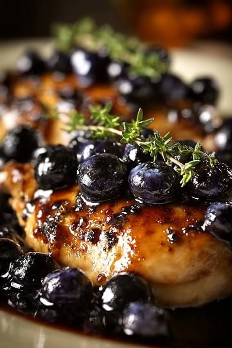 Delicious Blueberry Thyme Chicken dish garnished with fresh herbs