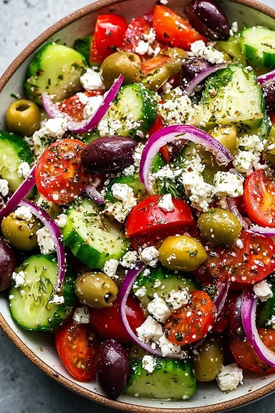 Delicious and fresh Greek salad with tomatoes, cucumbers, olives, and feta cheese.