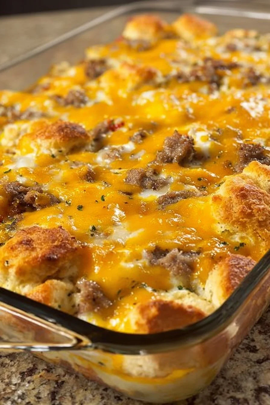 Delicious Biscuits and Gravy Breakfast Casserole served on a plate