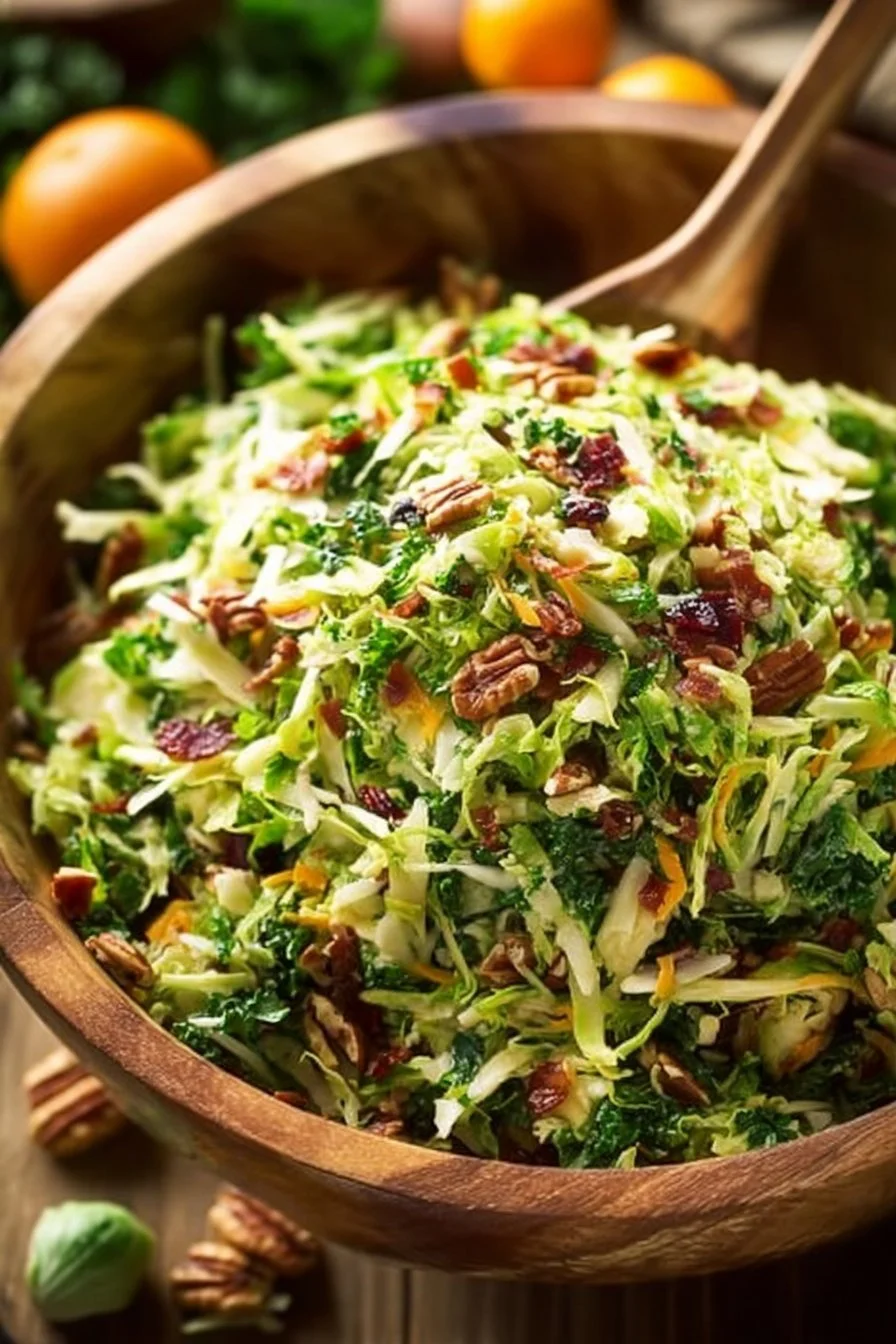 Brussels sprout salad with kale, apple, sharp cheddar, bacon, and pecans