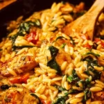 Plate of Cajun Chicken Orzo garnished with herbs and spices