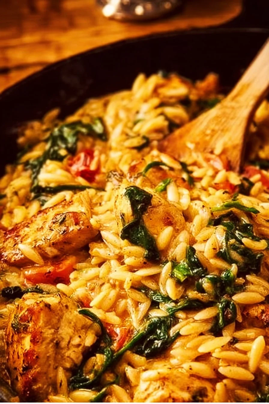 Plate of Cajun Chicken Orzo garnished with herbs and spices