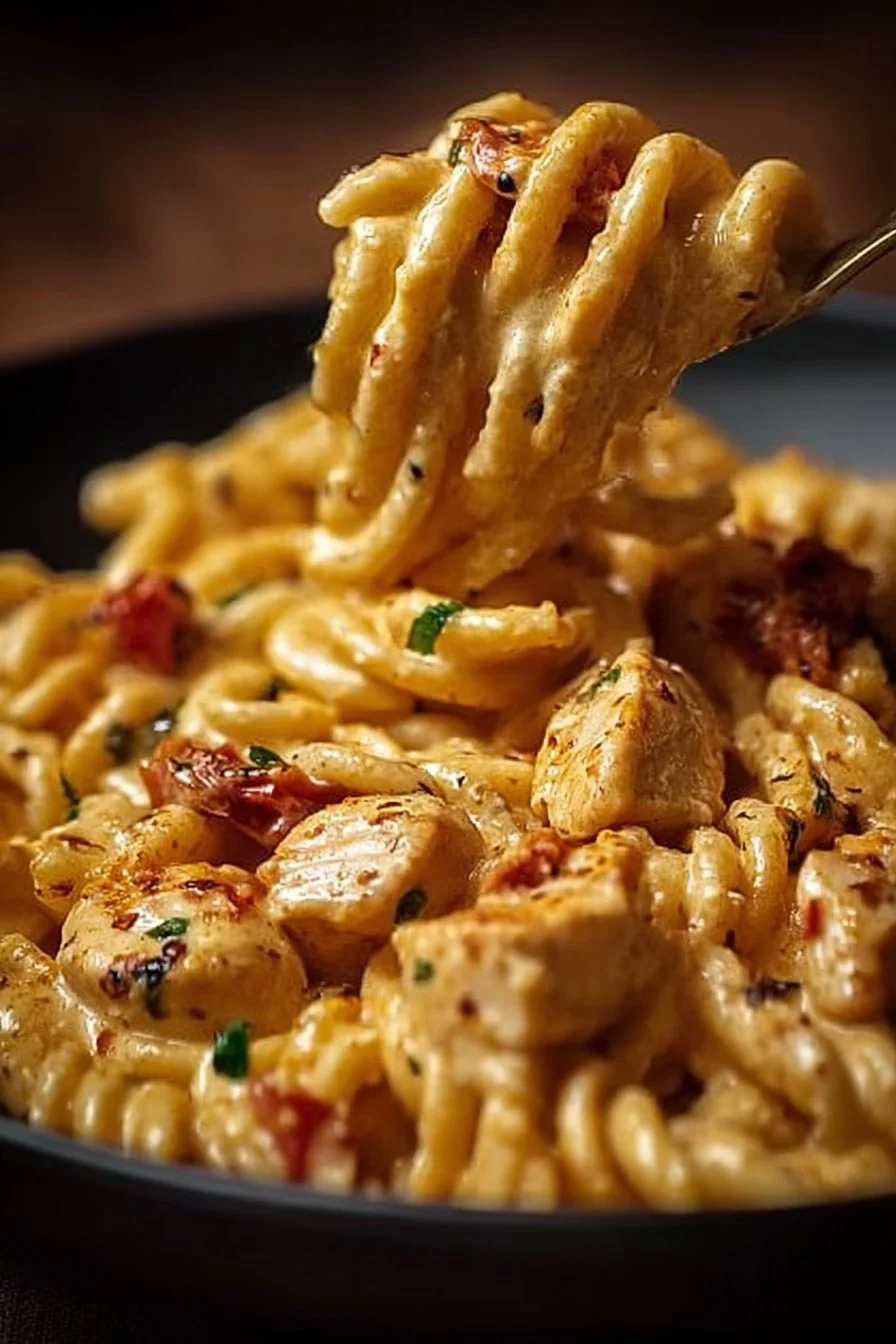 Baked Cajun Cream Cheese Chicken Pasta topped with herbs and cheese