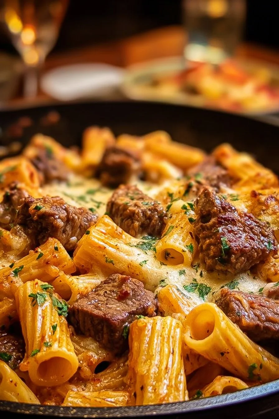 Cajun steak tips rigatoni bake topped with cheese and herbs