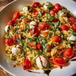 Delicious Caprese Orzo Salad drizzled with Balsamic Glaze