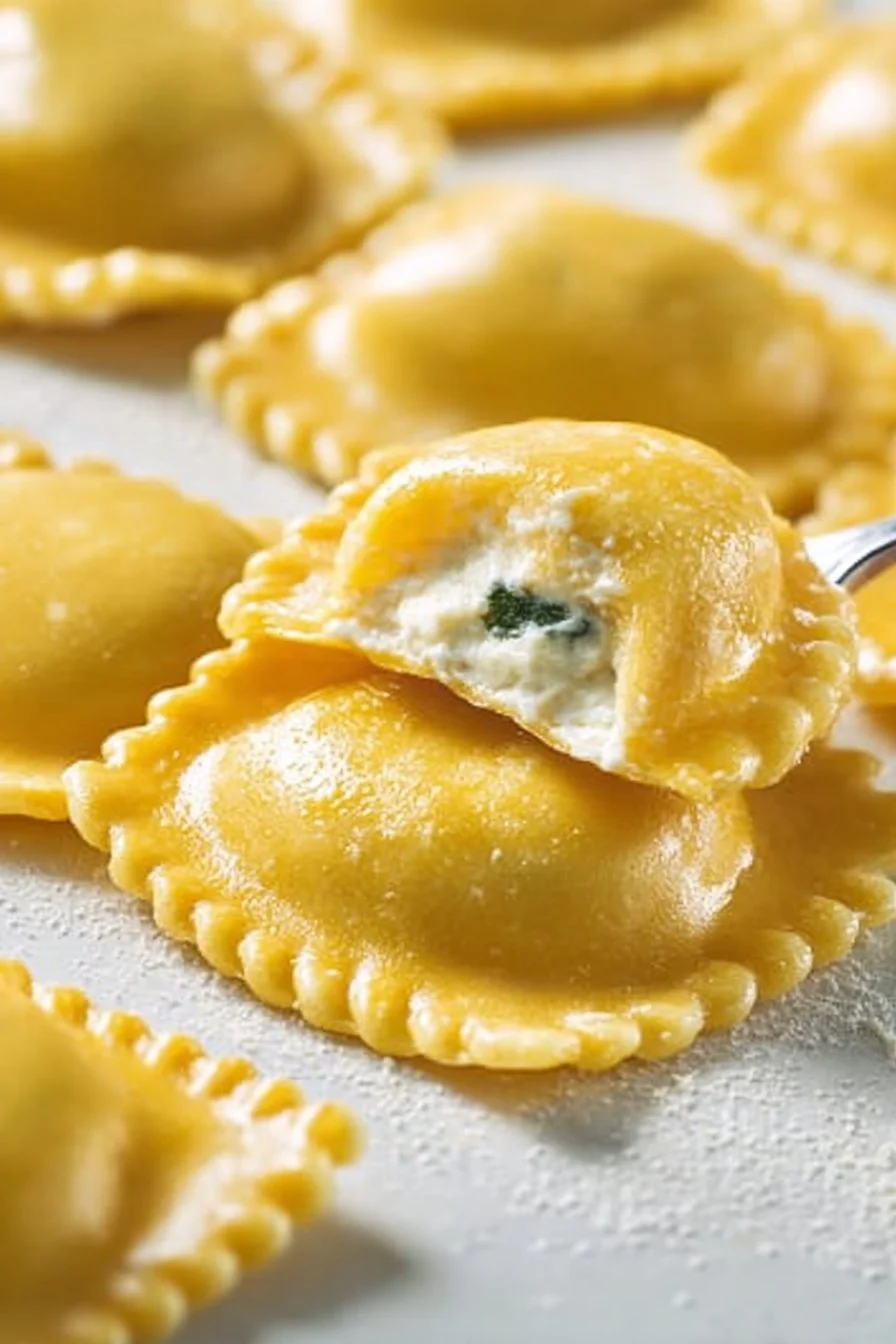 Delicious cheese ravioli served with marinara sauce and fresh herbs.