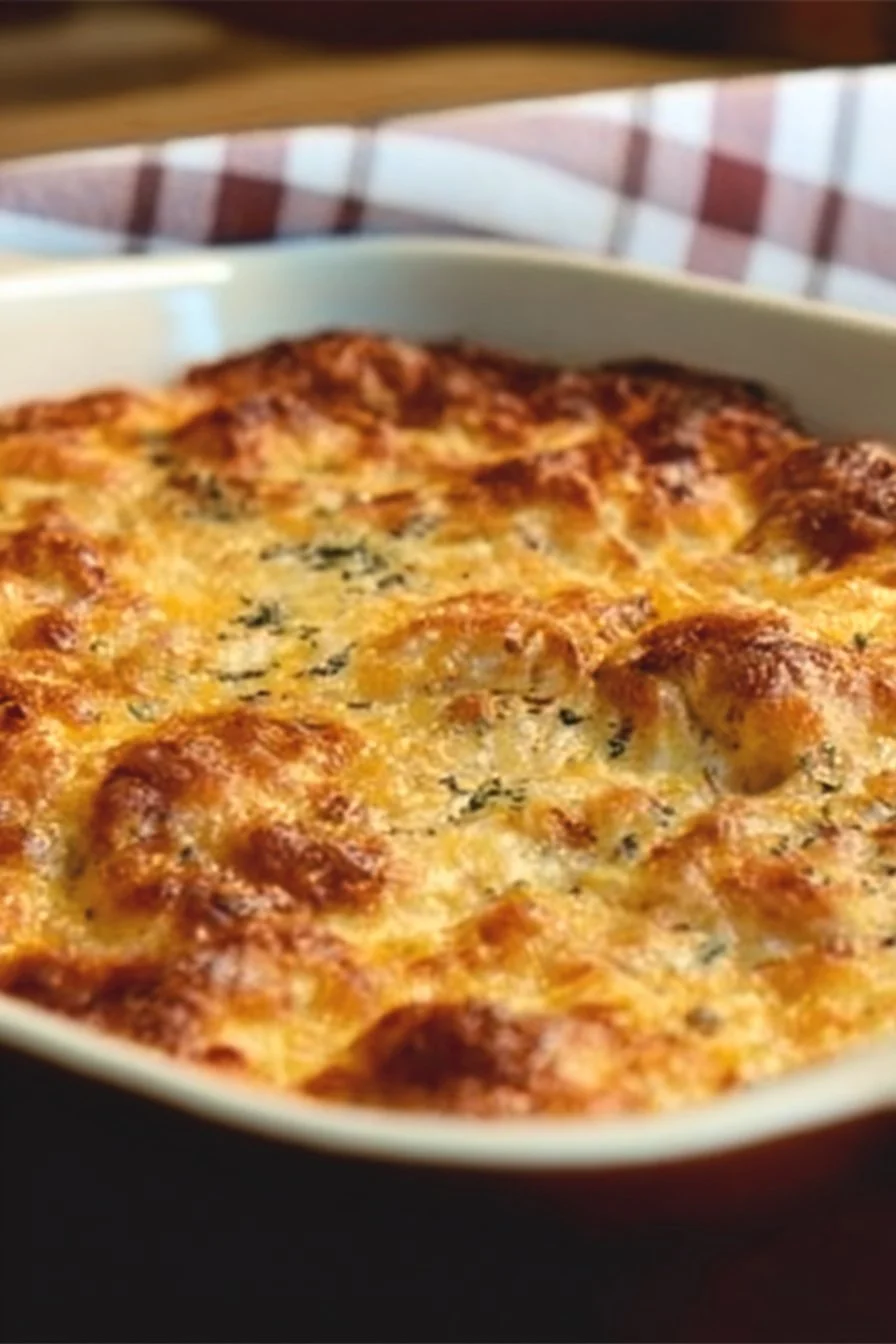 Cheesy baked tortellini casserole topped with meat sauce and melted cheese