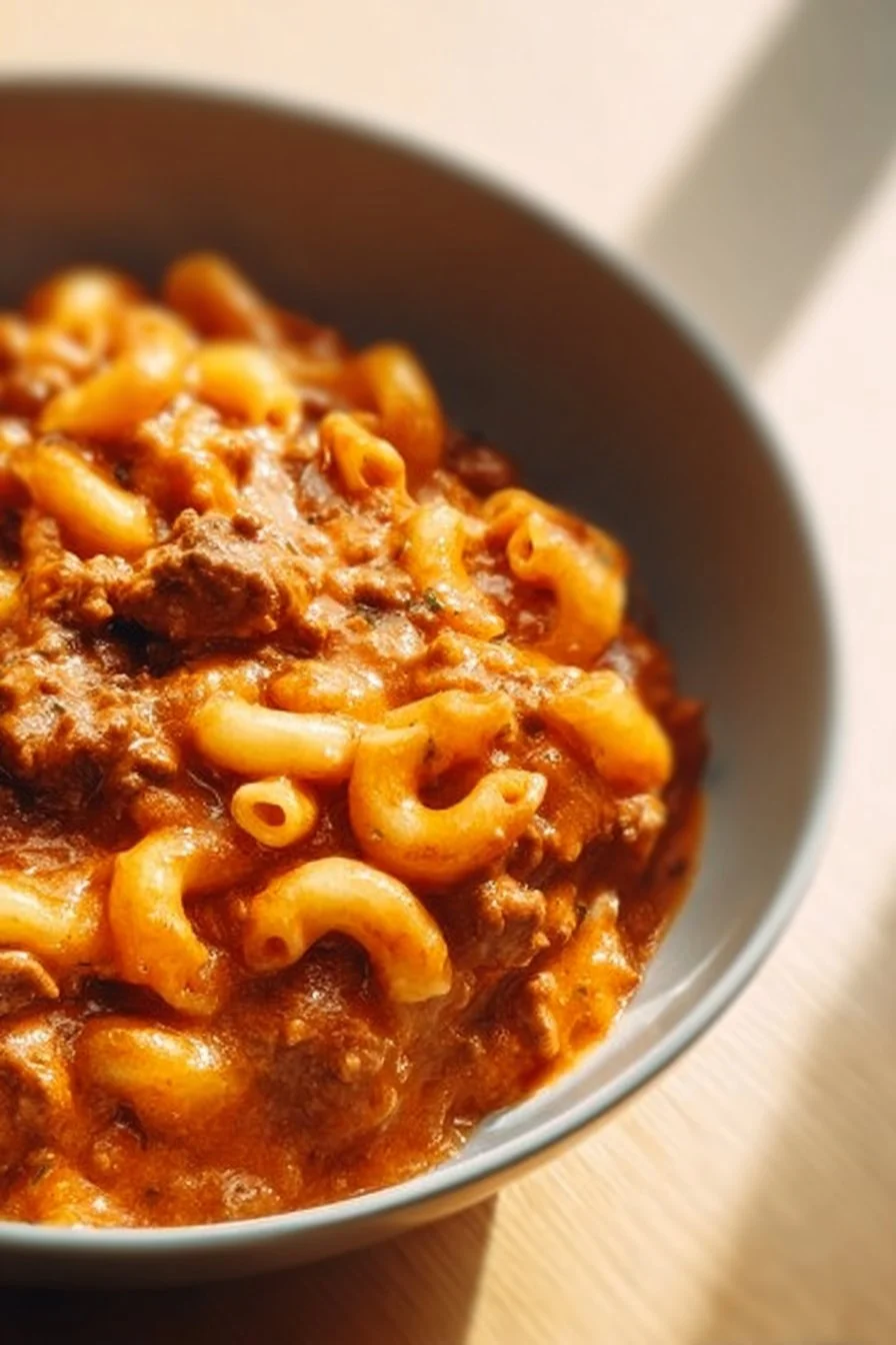 Cheesey Chili Mac in a bowl garnished with herbs and a sprinkle of cheese