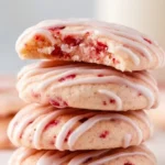 Freshly baked Cherry Almond Cookies with cherries and almonds on a baking tray.