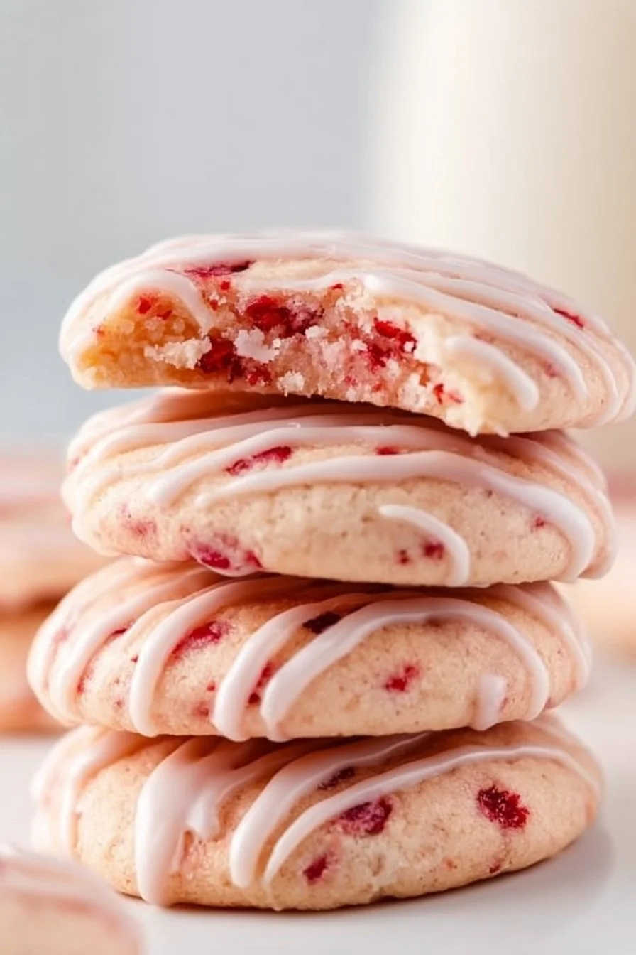 Freshly baked Cherry Almond Cookies with cherries and almonds on a baking tray.