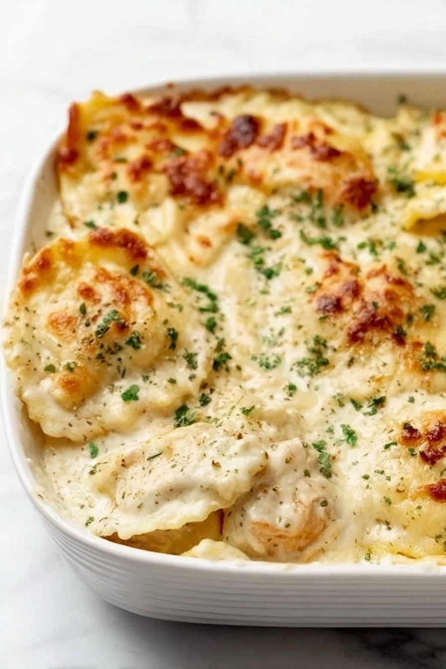 Delicious Chicken Alfredo Ravioli Bake topped with cheese and herbs.