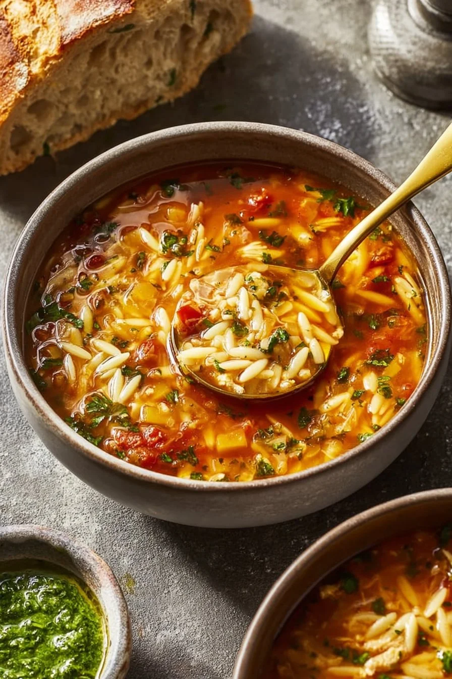 Delicious Chicken Orzo Soup with tomatoes in a bowl, garnished with herbs.