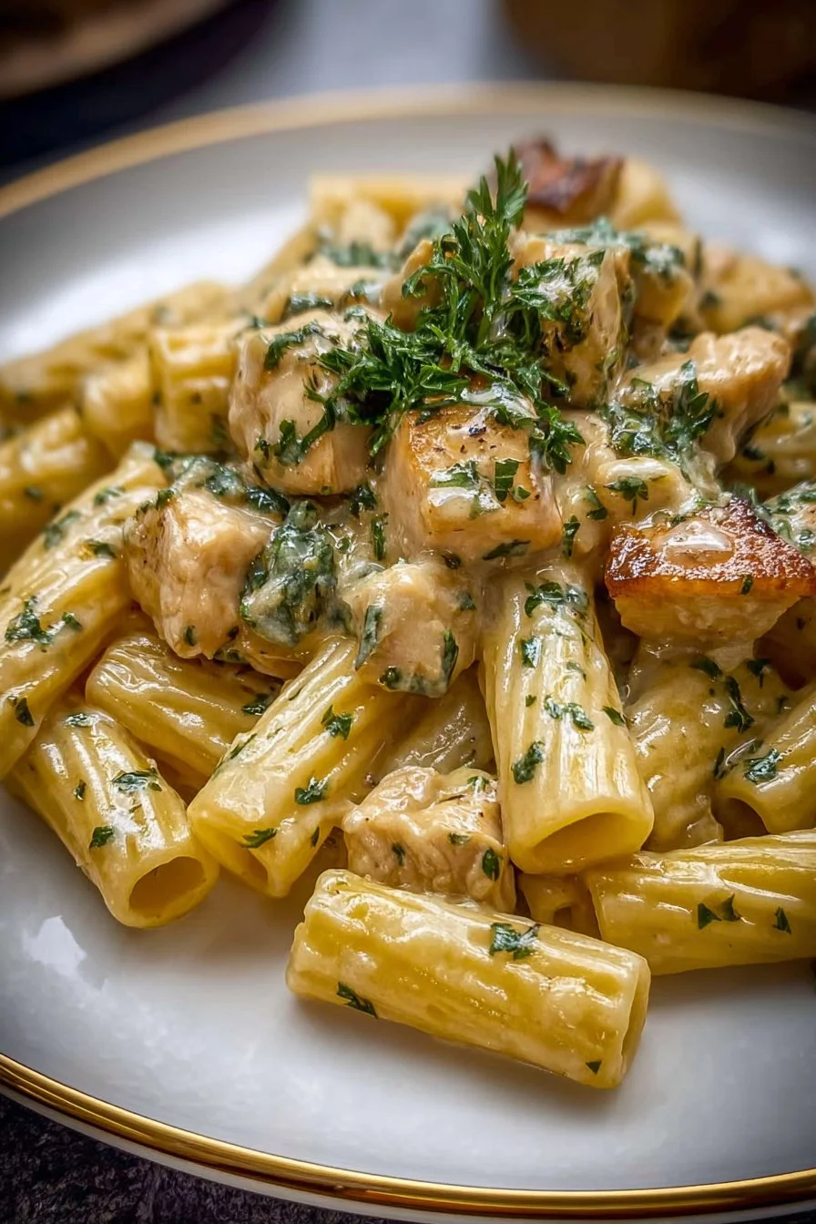 Creamy Chicken Rigatoni Alfredo dish topped with parsley and parmesan cheese