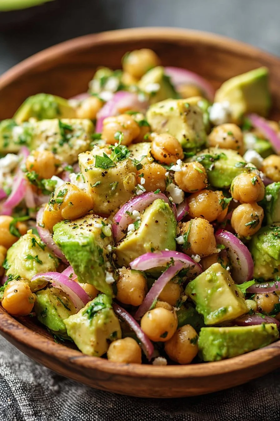 Chickpea Feta Avocado Salad with fresh ingredients in a bowl