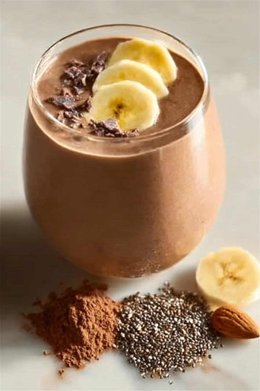 Choco-Banana Protein Smoothie in a glass topped with banana slices and chocolate drizzle