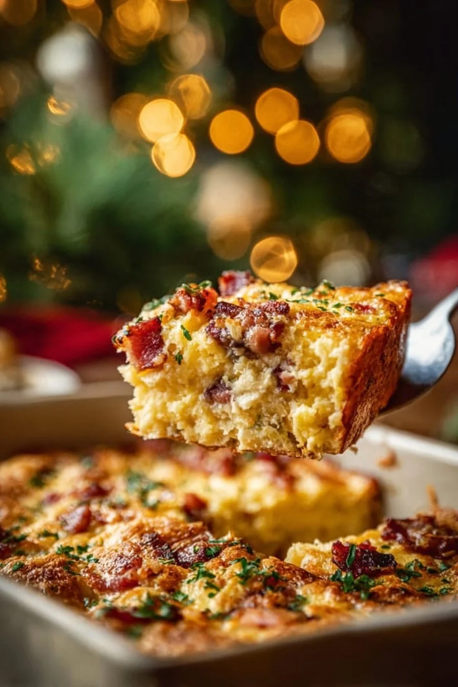 Festive Christmas breakfast casserole with eggs, cheese, and holiday toppings.