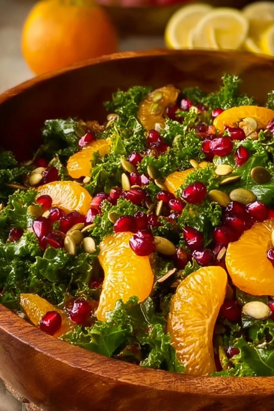 Fresh Citrus Pomegranate Kale Salad with vibrant colors and healthy ingredients
