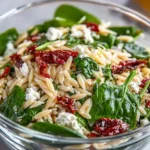 Classic balsamic orzo salad with fresh vegetables and dressing