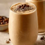 A delicious coffee smoothie topped with whipped cream and cocoa powder