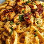 Delicious Cowboy Butter Chicken Linguine garnished with fresh herbs