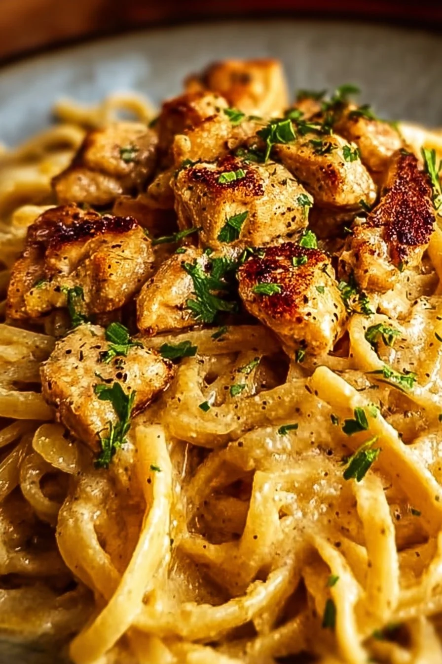 Delicious Cowboy Butter Chicken Linguine garnished with fresh herbs