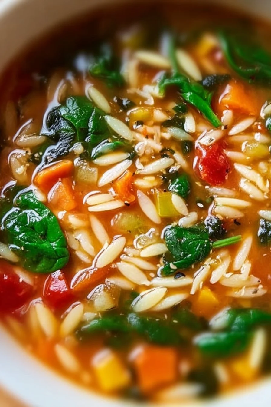 Bowl of cozy Italian Orzo Spinach Soup with fresh spinach and orzo pasta
