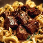 Delicious cracked garlic steak tortellini in a rich creamhouse sauce