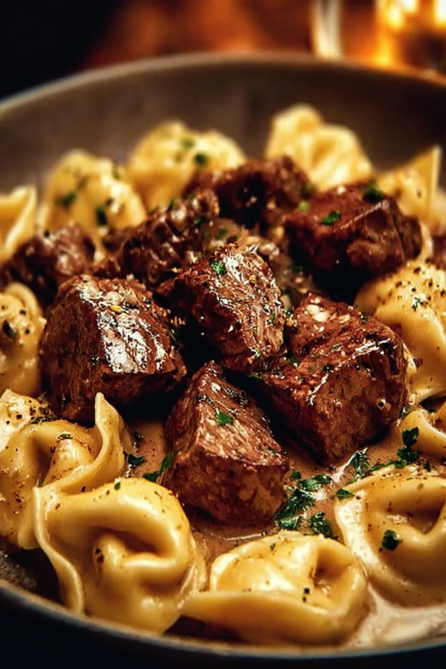 Delicious cracked garlic steak tortellini in a rich creamhouse sauce