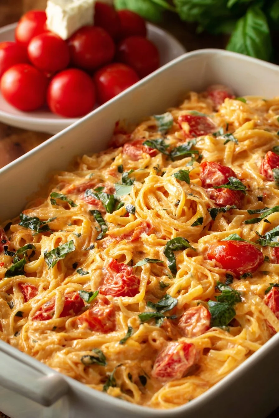 Delicious creamy Cream Cheese Pasta Bake topped with herbs and cheese