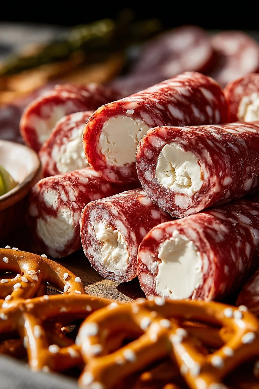Cream cheese salami roll ups appetizer on a plate
