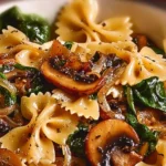 Creamy bow tie pasta with mushrooms, spinach, and caramelized onions topped with parmesan.