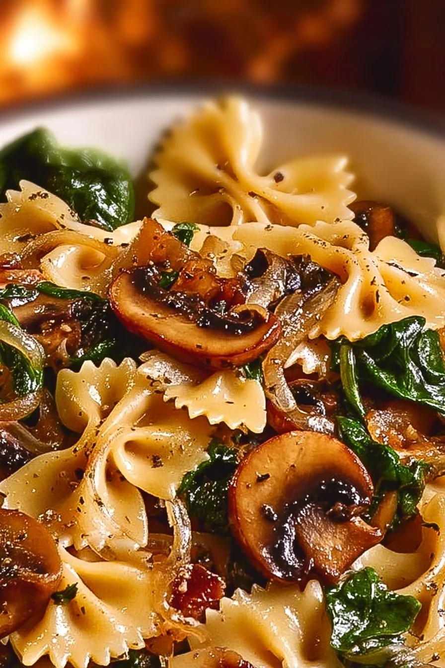 Creamy bow tie pasta with mushrooms, spinach, and caramelized onions topped with parmesan.