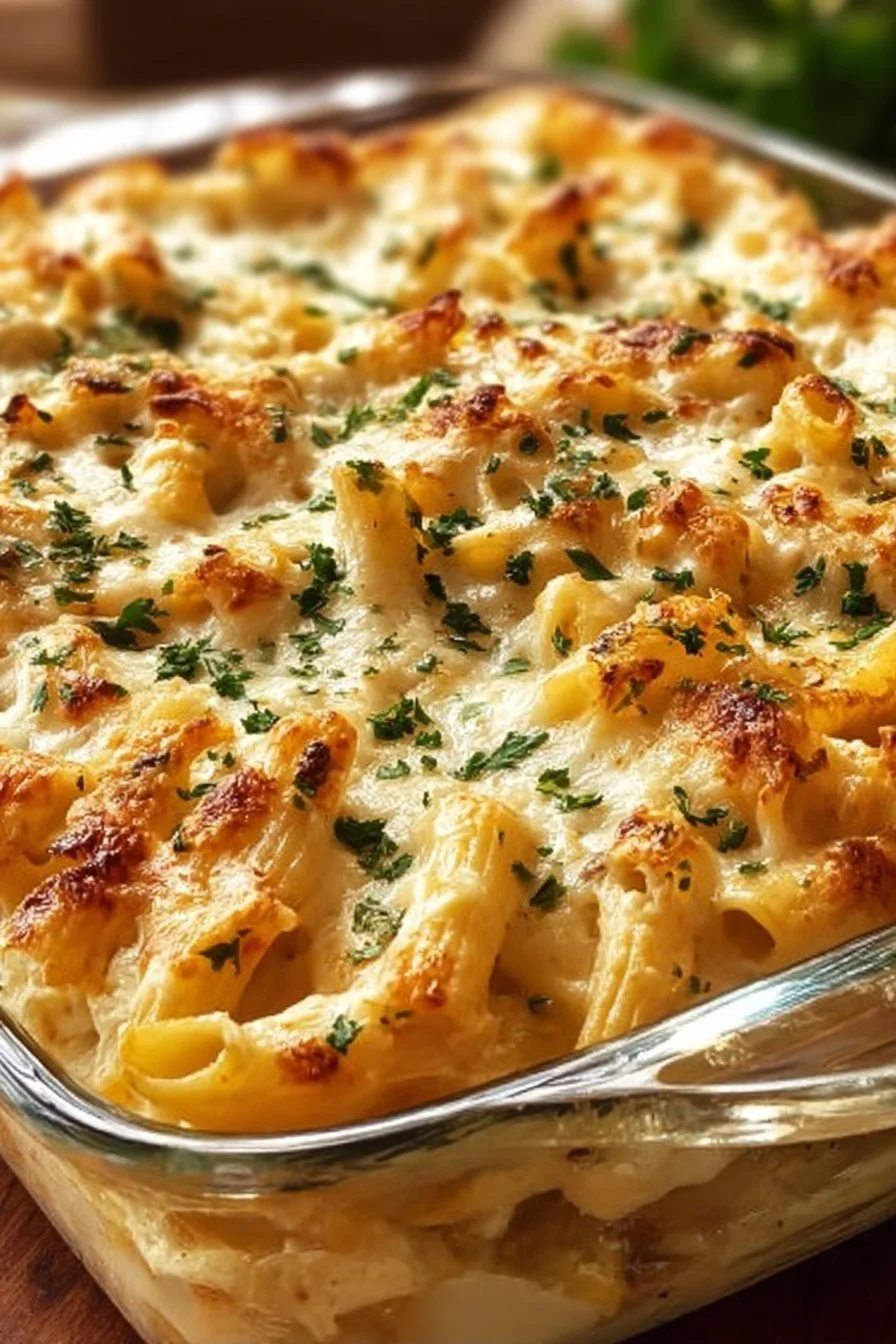 Creamy Chicken Alfredo pasta bake dish topped with cheese and herbs