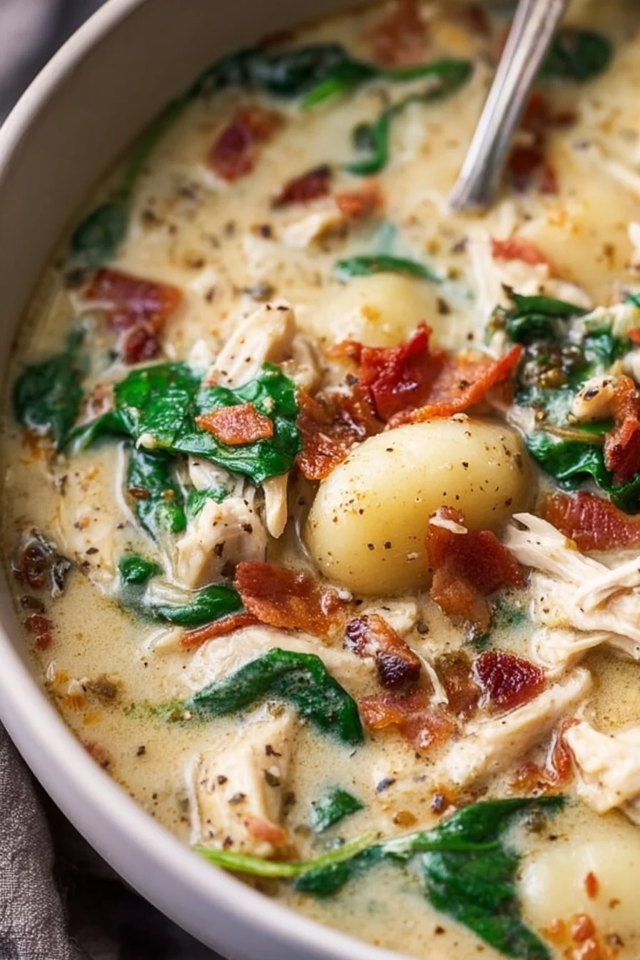 Creamy chicken bacon gnocchi soup served in a bowl with fresh herbs