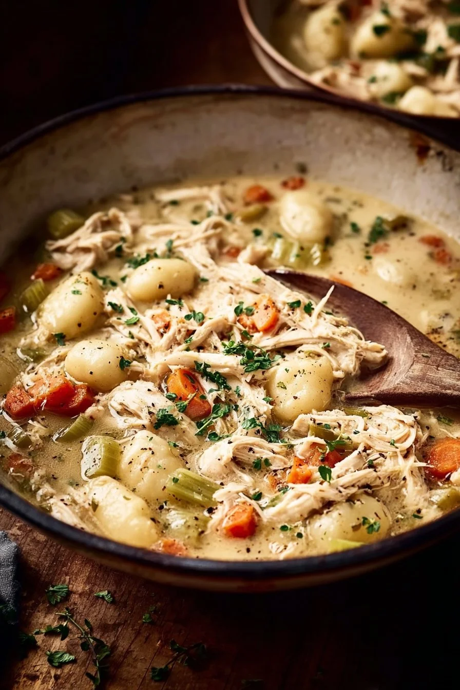 Creamy Chicken Gnocchi Soup in a bowl garnished with herbs and bread