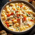 Bowl of creamy chicken macaroni cheese soup topped with herbs
