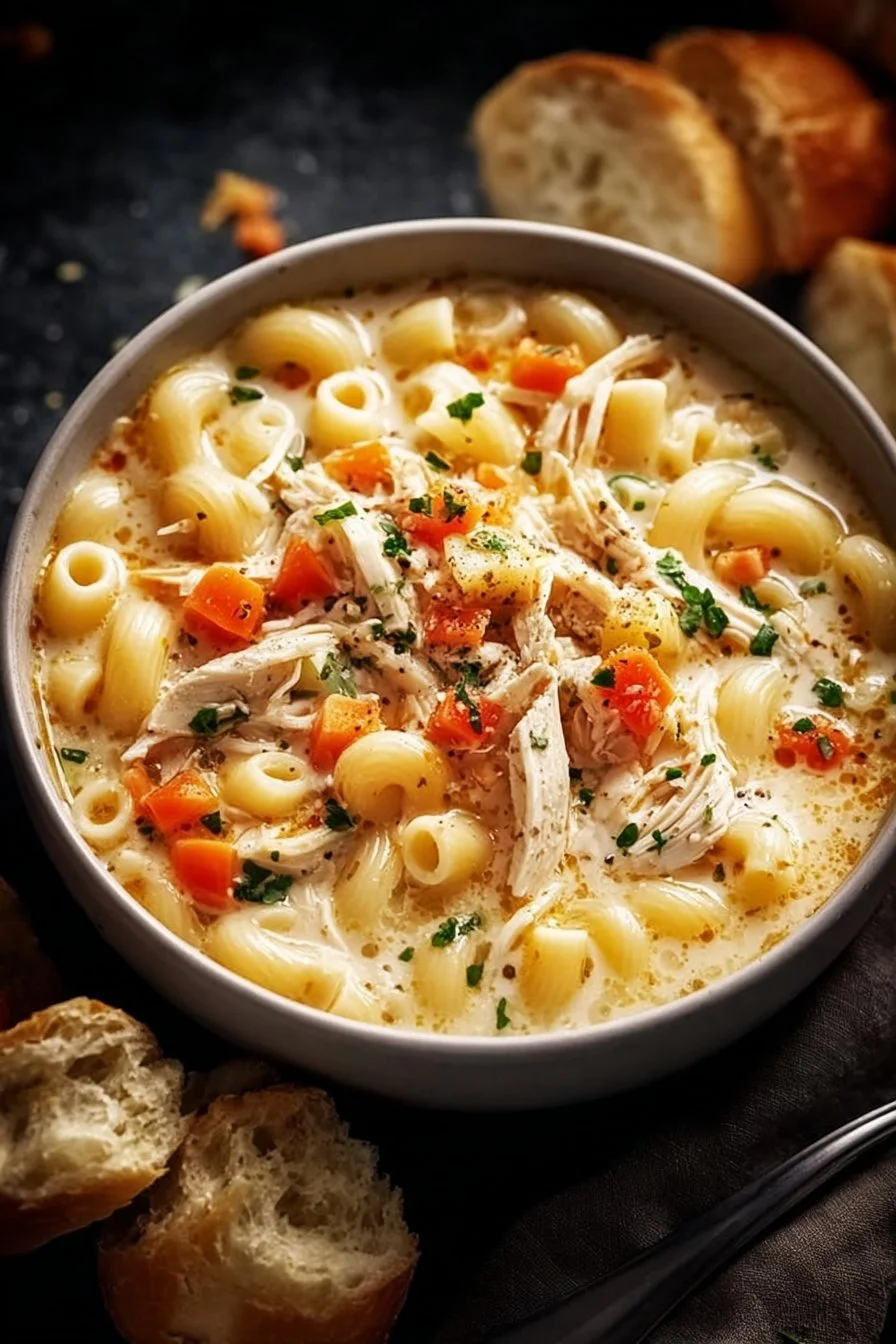 Bowl of creamy chicken macaroni cheese soup topped with herbs