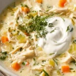 Bowl of creamy chicken orzo soup with fresh herbs and vegetables