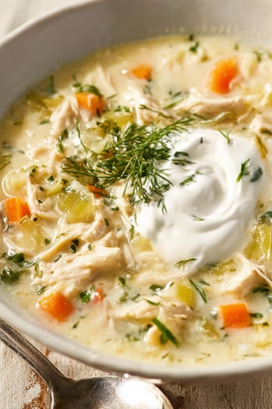 Bowl of creamy chicken orzo soup with fresh herbs and vegetables