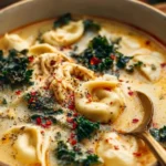 Bowl of creamy chicken tortellini soup garnished with herbs