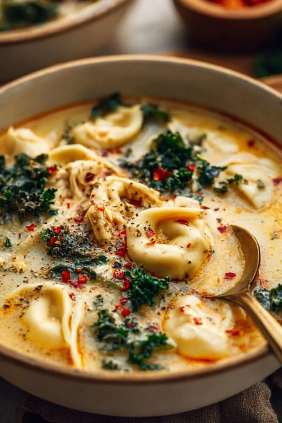 Bowl of creamy chicken tortellini soup garnished with herbs