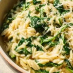Creamy garlic spinach orzo dish served in a bowl with fresh spinach