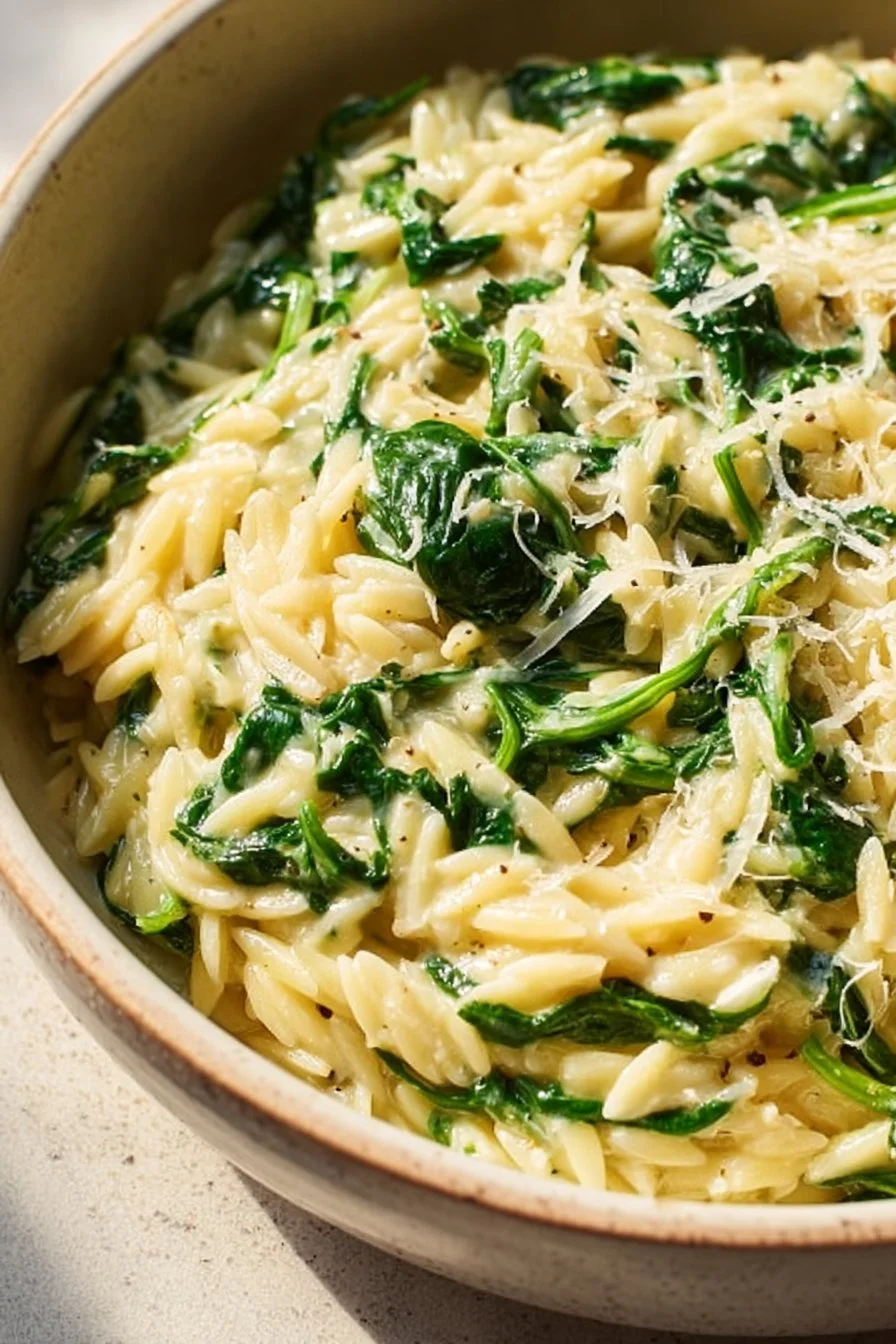 Creamy garlic spinach orzo dish served in a bowl with fresh spinach