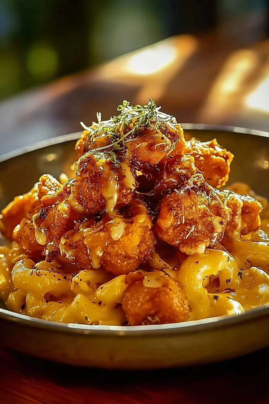 Creamy honey pepper chicken mac and cheese served in a bowl.